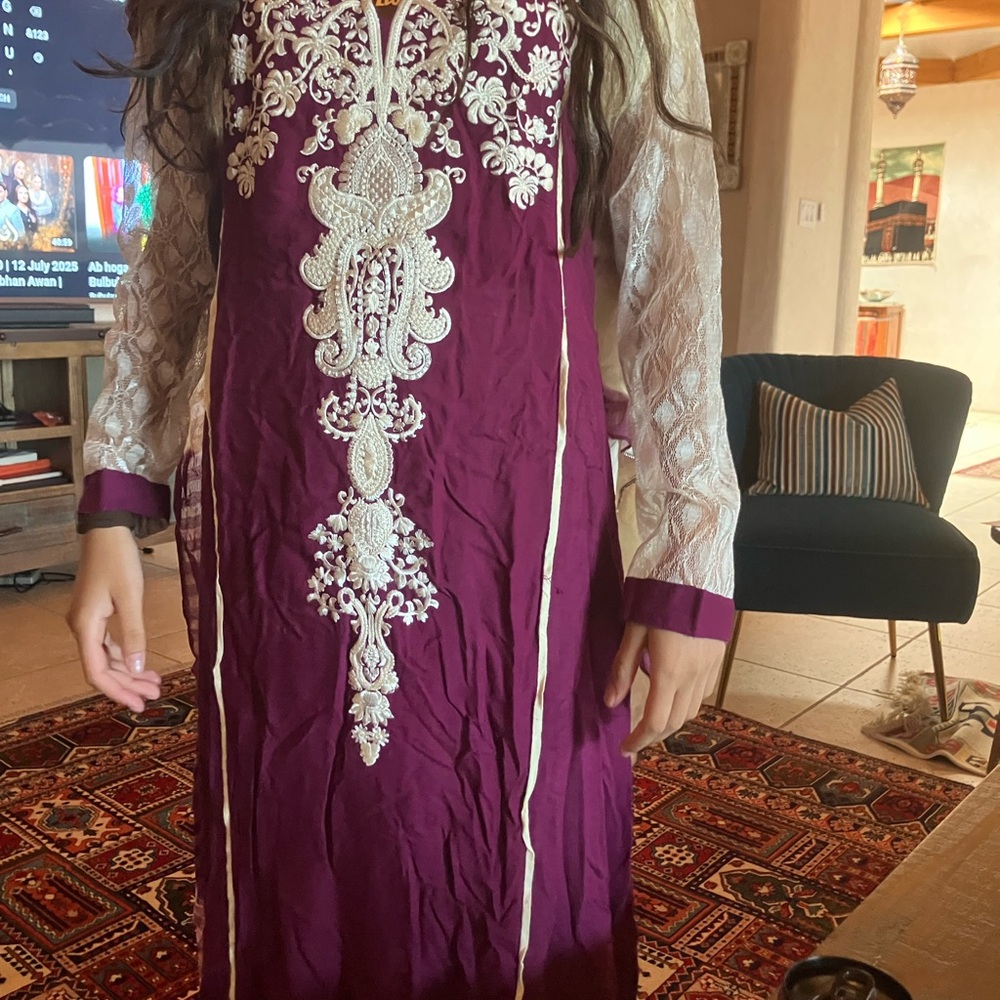 Purple Embellished Long Sleeve 3 Piece Shalwar